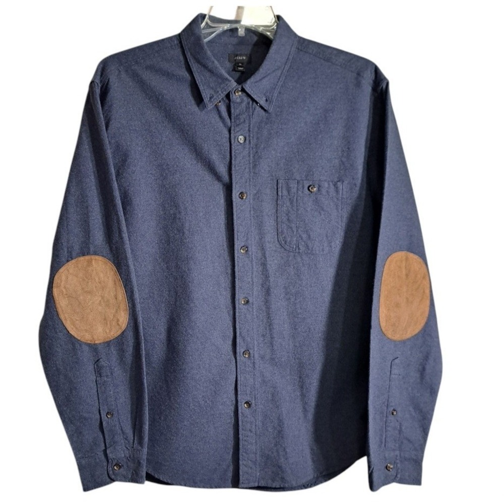 J Crew Men's Collared Button Shirt Blue XL Long Sleeve Leather Elbow Patch
